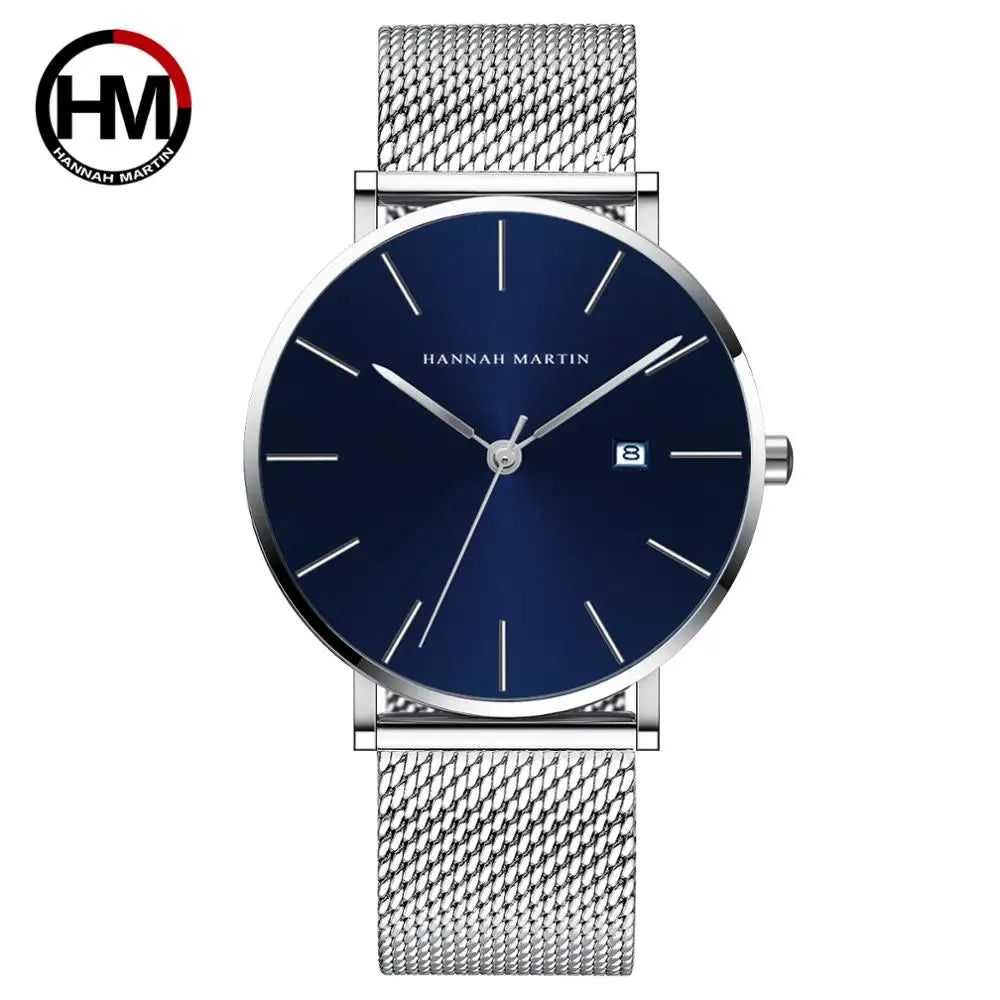 RBB Classic Bauhaus Men's Ultra-Thin Quartz Watch – Dark Blue Dial, Stainless Steel, Waterproof, Calendar Function