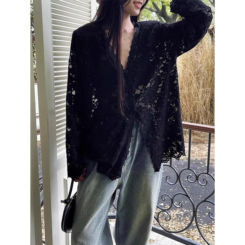 RBB Women's Y2K Lace Sheer Shirt – Sexy Hollow-Out Long Sleeve Streetwear Top