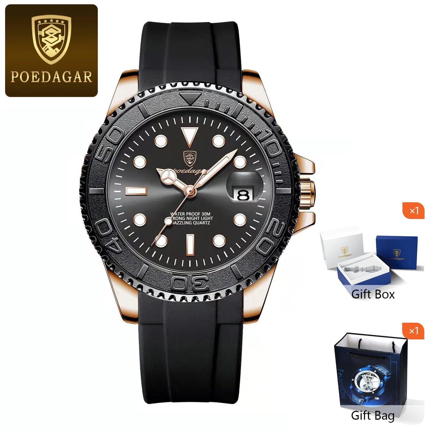 RBB Men’s Waterproof Luminous Stainless Steel Quartz Watch – Business Date Wristwatch with Gift Box