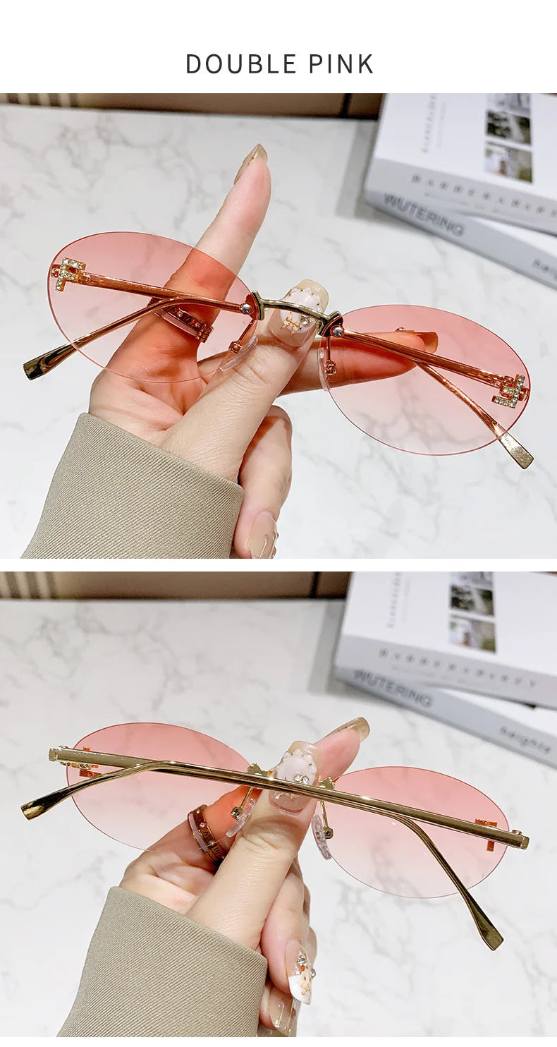 RBB Retro Oval Rimless Sunglasses – Unisex Elegant Diamond Style with Letter “F” Detailing