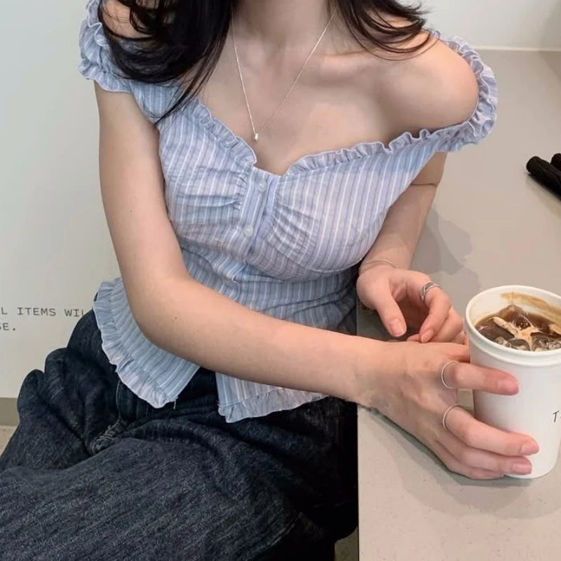 RBB Women's Striped Lace Trim Shirt – Slim Fit Cotton Long Sleeve Blouse