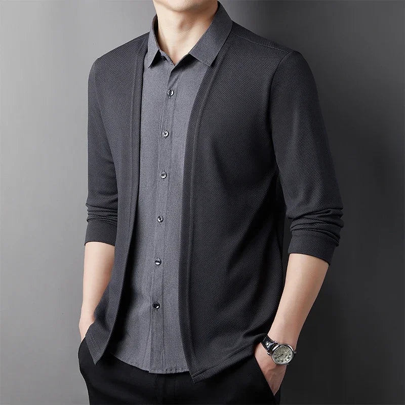 RBB Men’s Casual Long Sleeve Two-Piece Style Shirt – Comfortable Korean Fashion