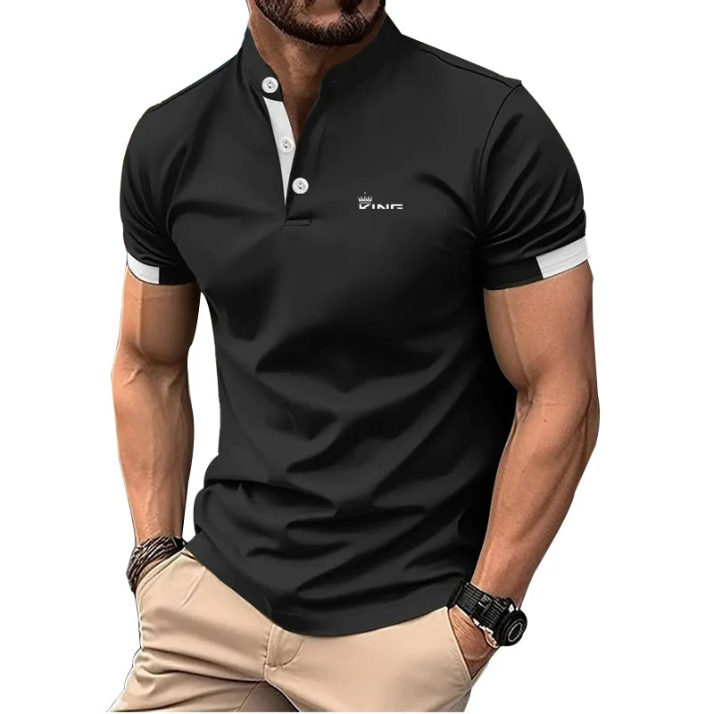 RBB Spring Summer Men’s Casual Stand Collar Golf Polo Shirt – Slim Fit, Short Sleeve, Letter Print