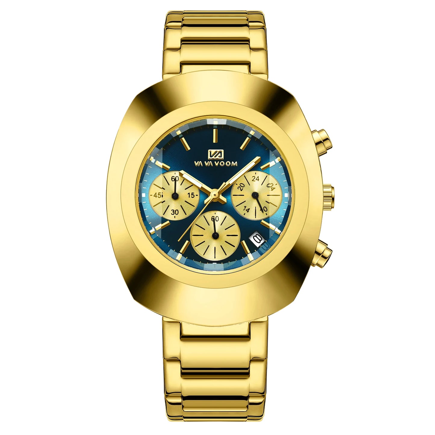 RBB Men's Multifunctional Quartz Watch – Blue & Gold Oval Dial with Stainless Steel Strap