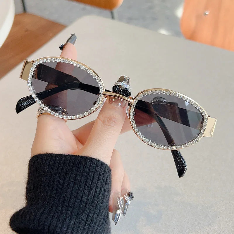 RBB Y2K Oval Drill Sunglasses for Women | Fashion Metal Frame | RBB European INS Style Shades