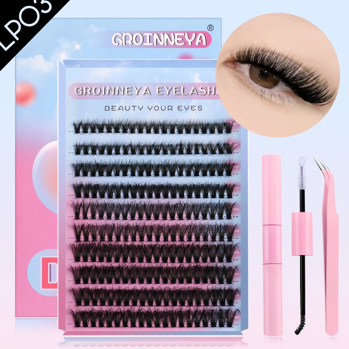 DIY Lash Clusters Set – Mixed Fluffy Individual Extensions with Lash Bond & Seal Kit