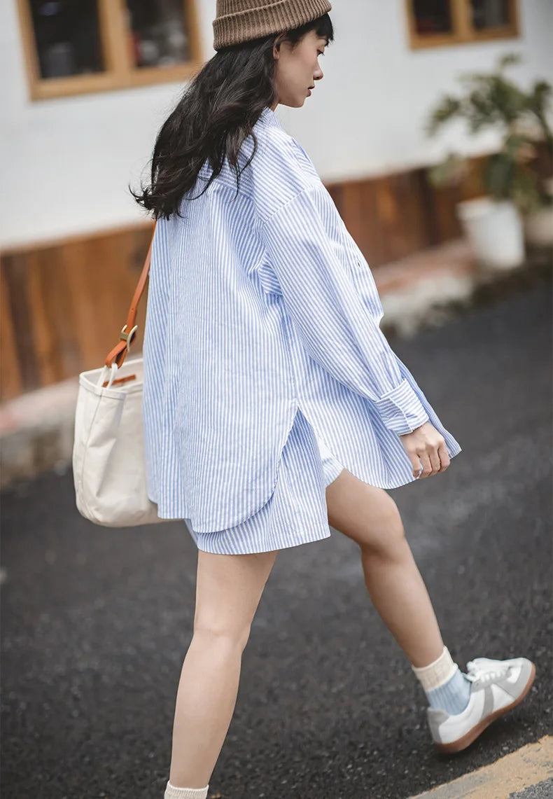 RBB Women's French Classic Striped Shirt – Oversized Long Sleeve Blouse