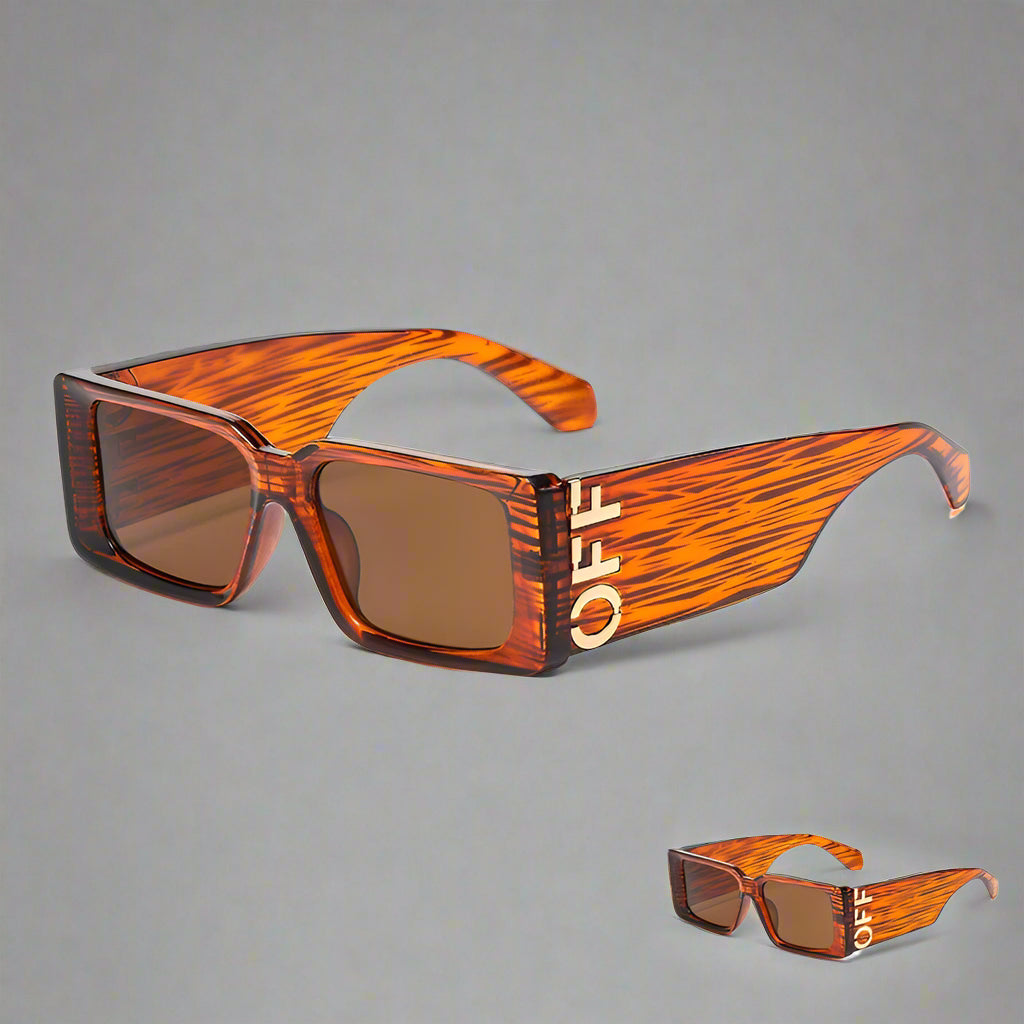 Pair of orange sunglasses with 'OFF' branding, labeled as 2PCS with a buy one get one free offer on a white background.