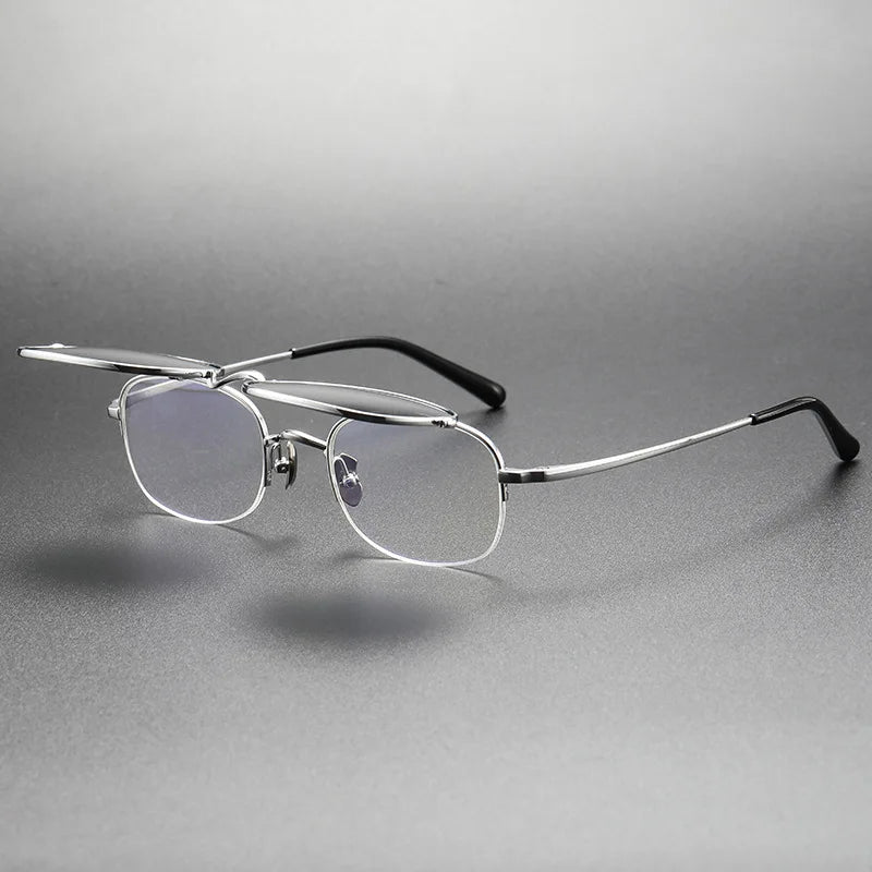 RBB Vintage Titanium Square Glasses Frame with Flip-Up Sunglasses – Semi Rimless Eyewear for Men & Women