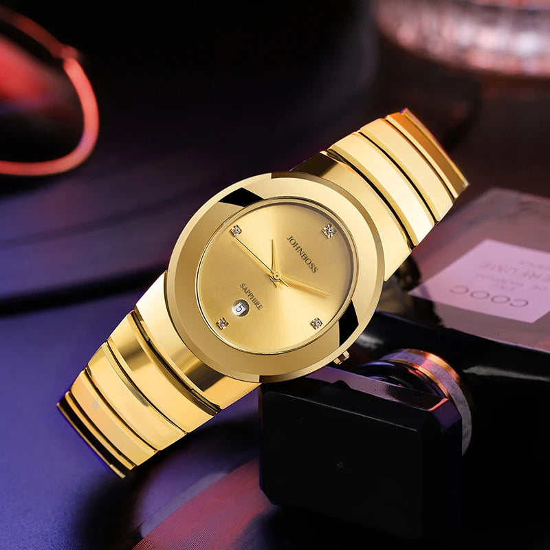 RBB Men's Oval Gold Tungsten Steel Watch – Swiss Quartz Movement, Sapphire Glass, Diamond Markers