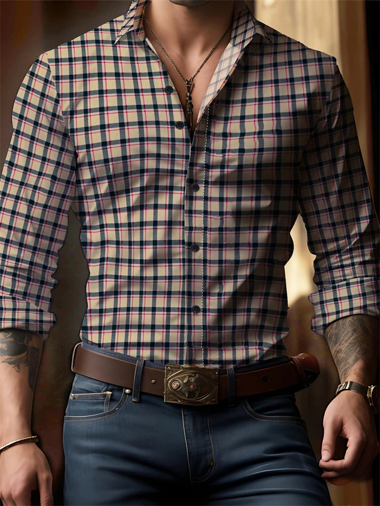 RBB Men’s Check Print Button-Down Shirt – Oversized Streetwear, Long Sleeve