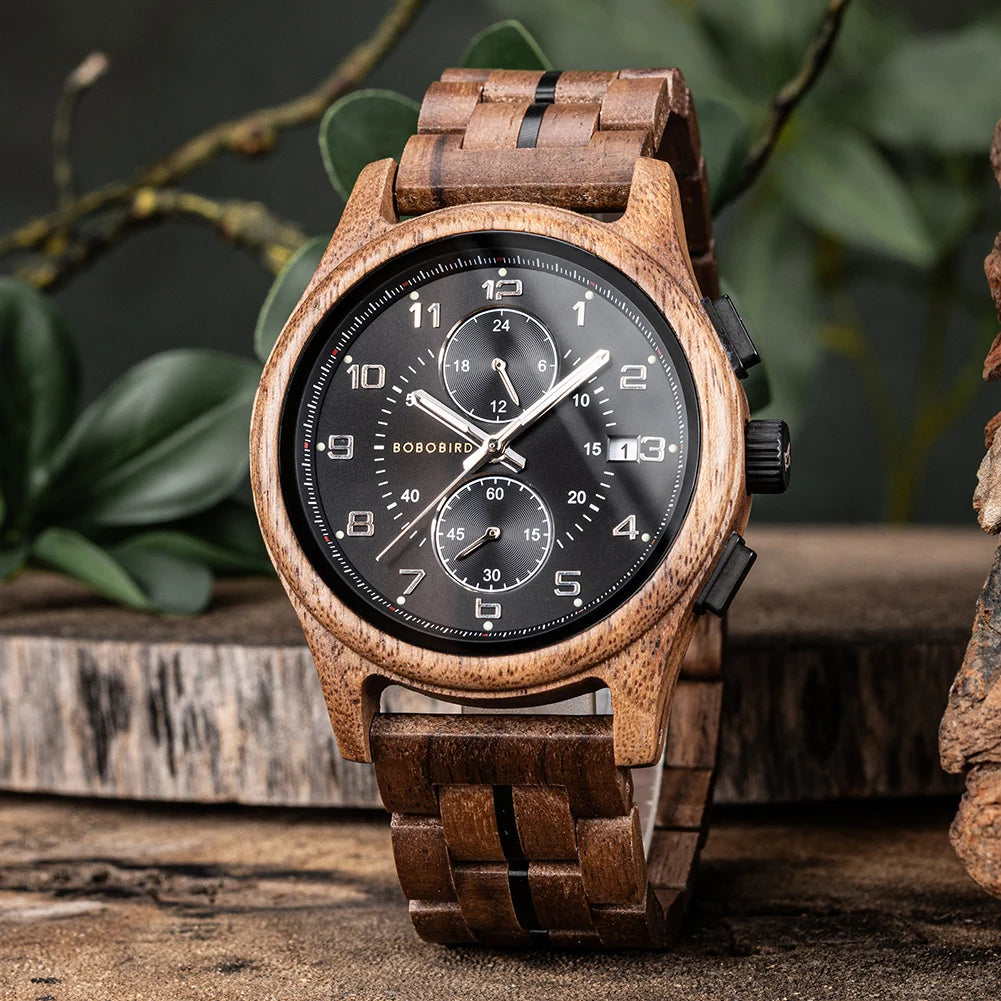 RBB Wooden Chronograph Watch for Men – Luminous Hands, Natural Wood Design, Anniversary Gift