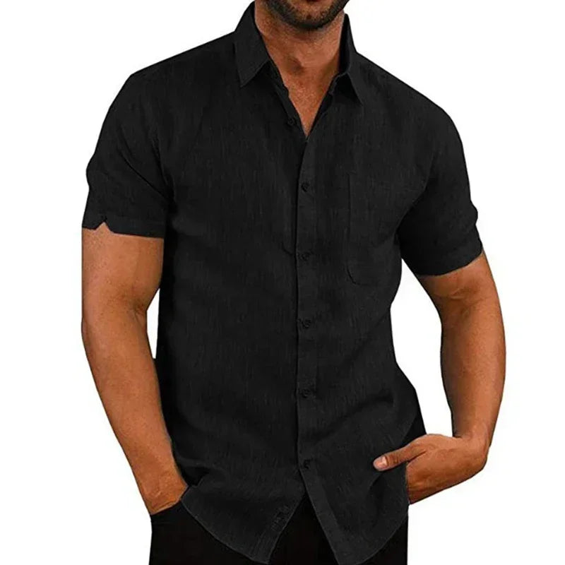 RBB Men’s Summer Cotton Linen Shirt – Short Sleeves, Turn-Down Collar, Casual Beach Style