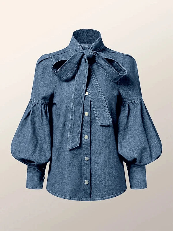 RBB Women's Imitation Denim Blouse – High Neck Puff Sleeve Top with Bow Detail