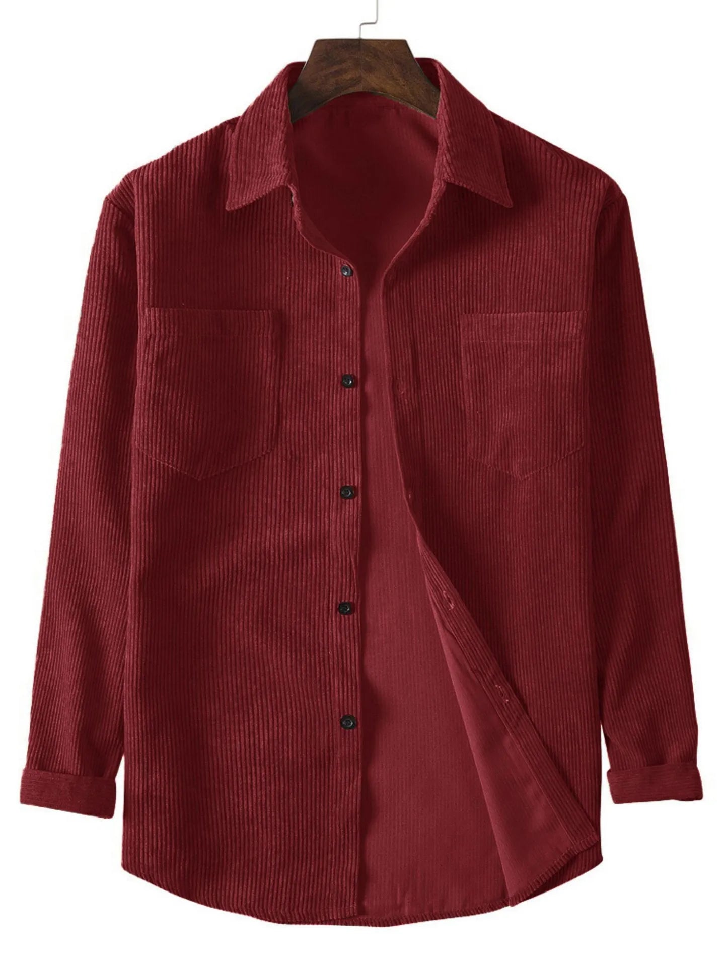 RBB Men’s Casual Corduroy Long Sleeve Lapel Shirt – Solid Color