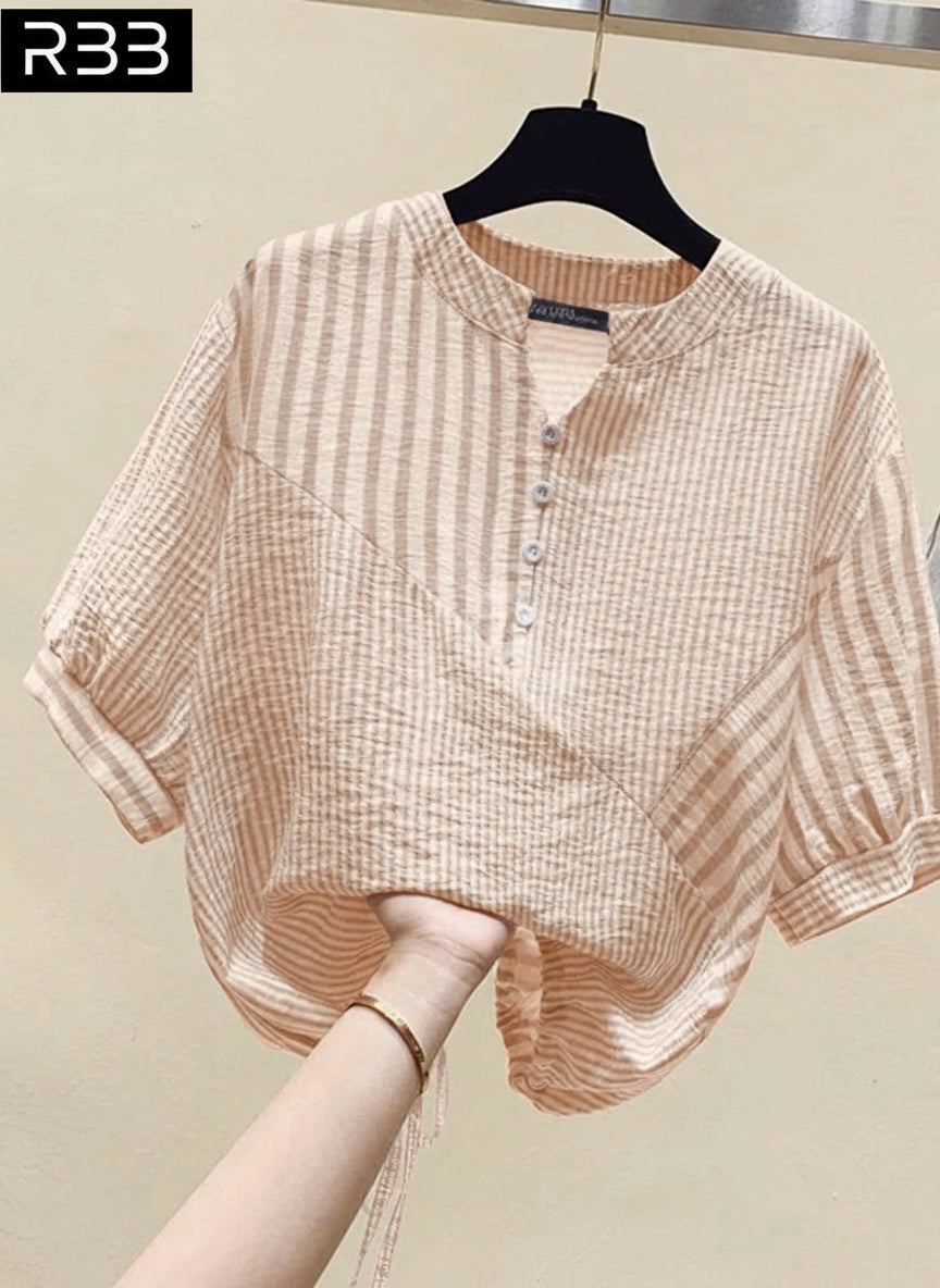 RBB Summer Elegant Striped Women’s Blouse – V-Neck Half Sleeve Loose Fit Drawstring Hem Top