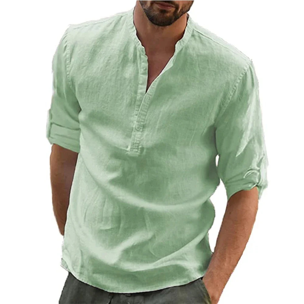 RBB Men’s Cotton Linen Long Sleeve Shirt – Summer Solid Color, Stand-Up Collar
