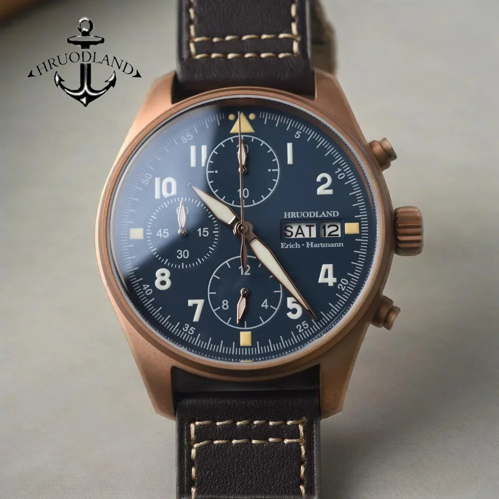 RBB Bronze Pilot Chronograph Watch – 100M Waterproof, Sapphire Crystal, Multifunction Quartz Men’s Wristwatch