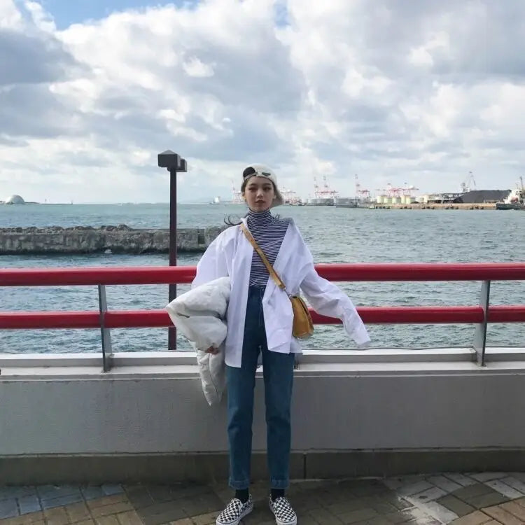 RBB Women's Oversized Minimalist White Shirt – Long Sleeve Button-Up Tunic Blouse