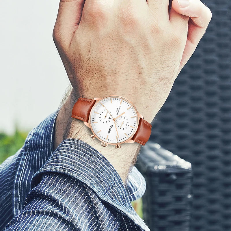 RBB Men’s Luxury Chronograph Quartz Watch – Classic Business Leather Strap Wristwatch for Men