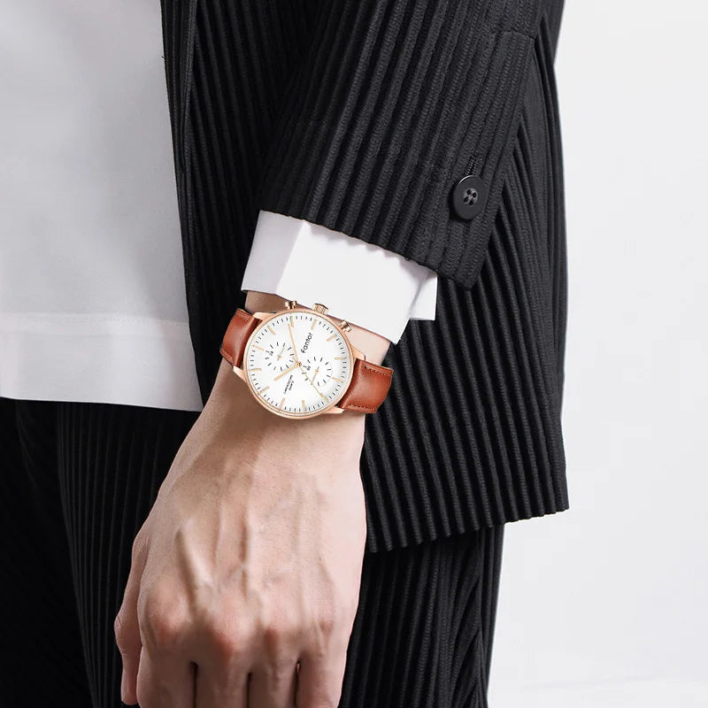 RBB Men’s Luxury Chronograph Quartz Watch – Classic Business Leather Strap Wristwatch for Men