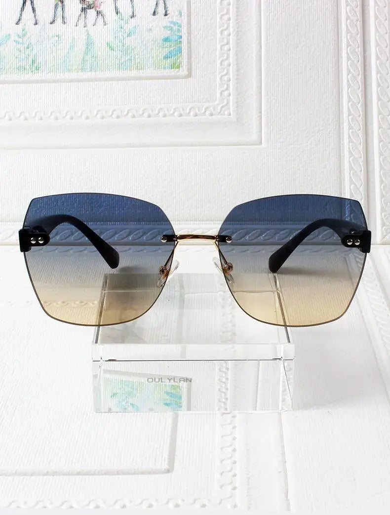 RBB Women's Rimless Vintage Sunglasses – Irregular Gradient UV400 Fashion Eyewear (Green)