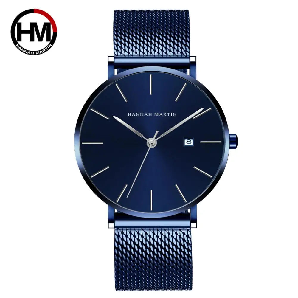 RBB Classic Bauhaus Men's Ultra-Thin Quartz Watch – Dark Blue Dial, Stainless Steel, Waterproof, Calendar Function