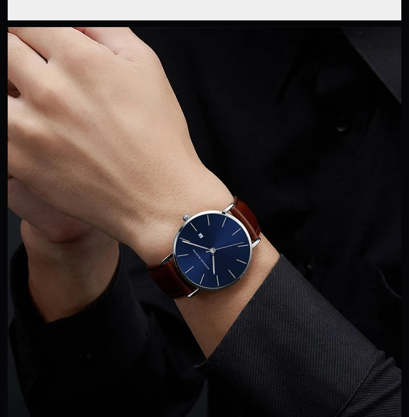 RBB Classic Bauhaus Men's Ultra-Thin Quartz Watch – Dark Blue Dial, Stainless Steel, Waterproof, Calendar Function