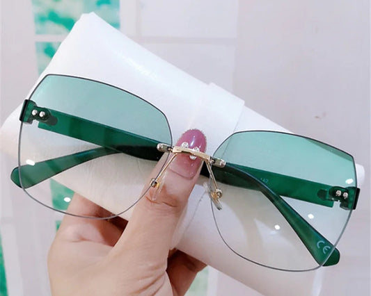 RBB Women's Rimless Vintage Sunglasses – Irregular Gradient UV400 Fashion Eyewear (Green)