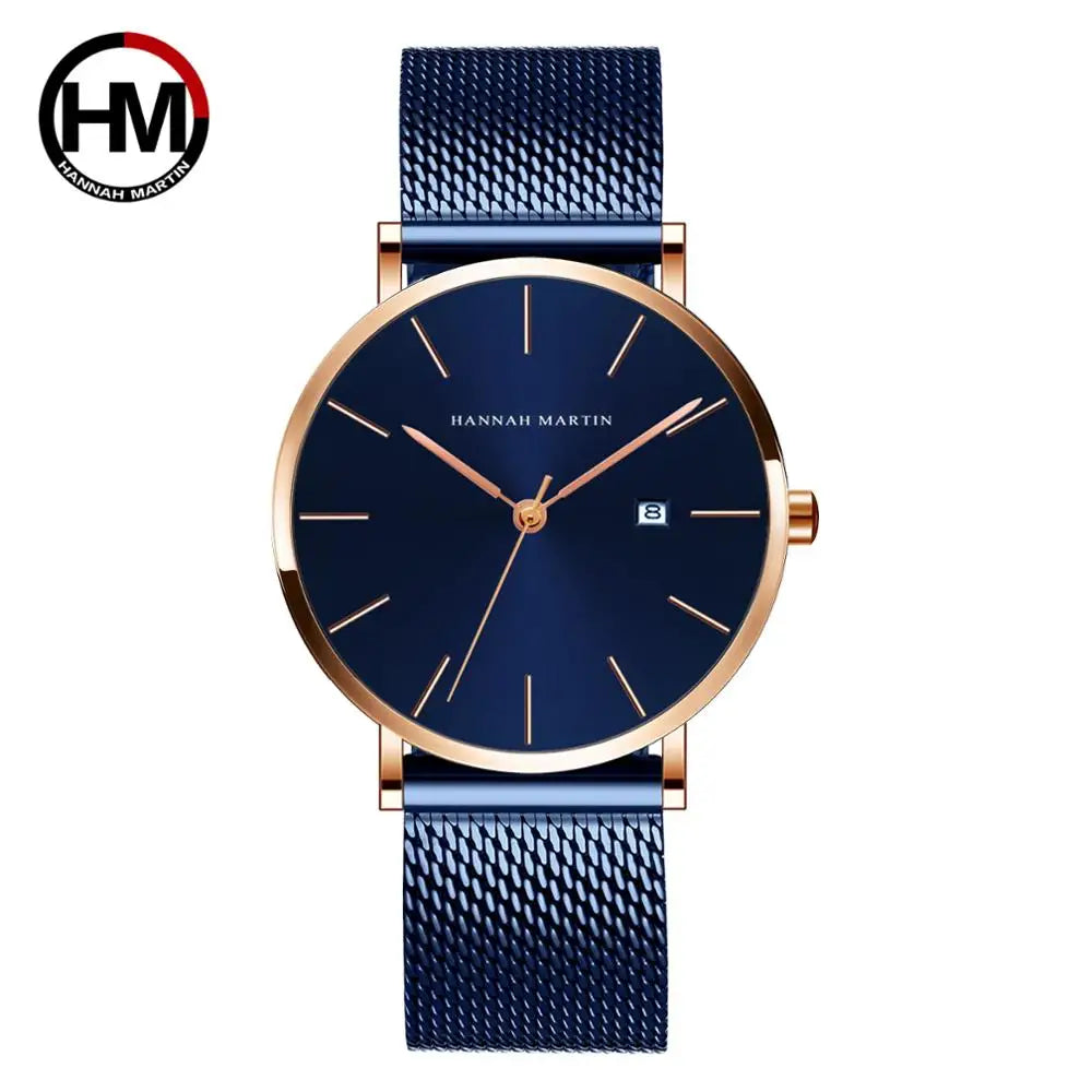 RBB Classic Bauhaus Men's Ultra-Thin Quartz Watch – Dark Blue Dial, Stainless Steel, Waterproof, Calendar Function