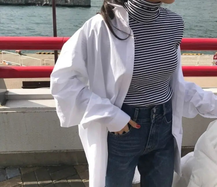 RBB Women's Oversized Minimalist White Shirt – Long Sleeve Button-Up Tunic Blouse