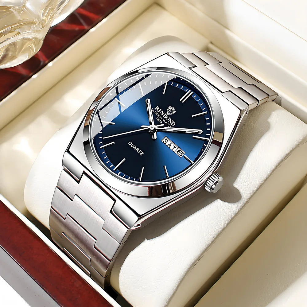 RBB Men’s Luxury Quartz Watch – Stainless Steel, Double Calendar, Waterproof, Business & Leisure Style