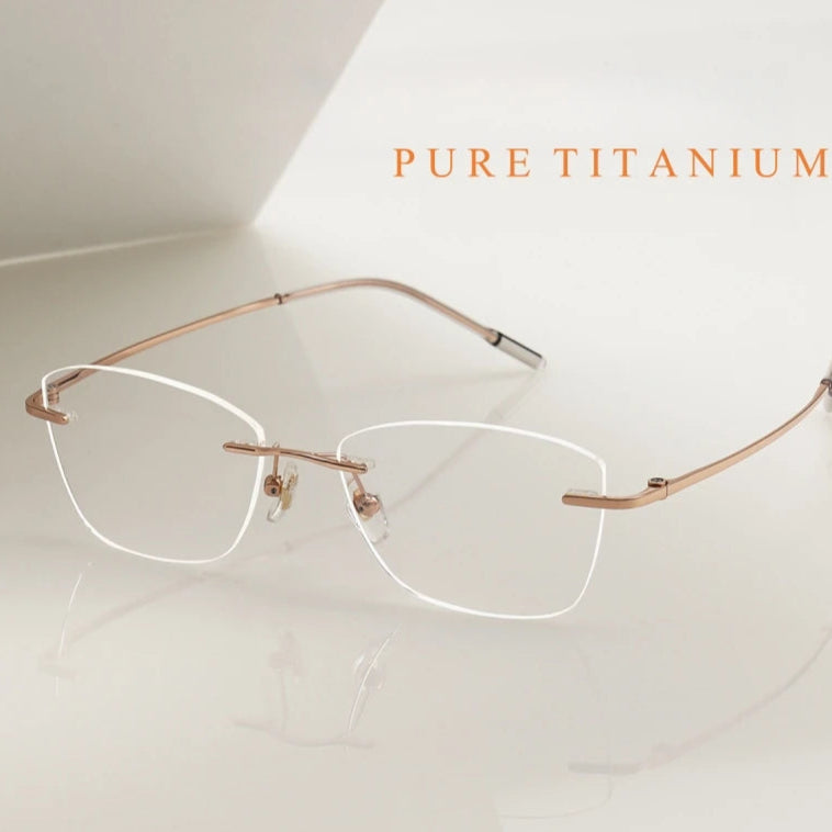 RBB Cat-Eye Rimless Optical Eyeglasses – Ultra-Light Pure Titanium Frame for Women