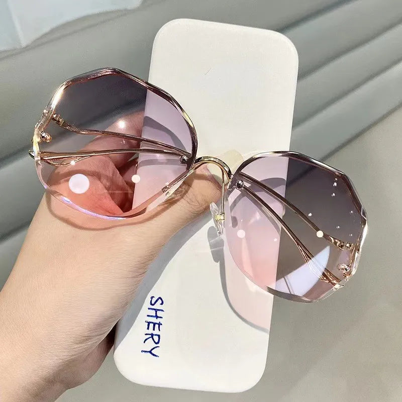 RBB Irregular Rimless Round Sunglasses for Women – Gradient Fashion Designer Shades