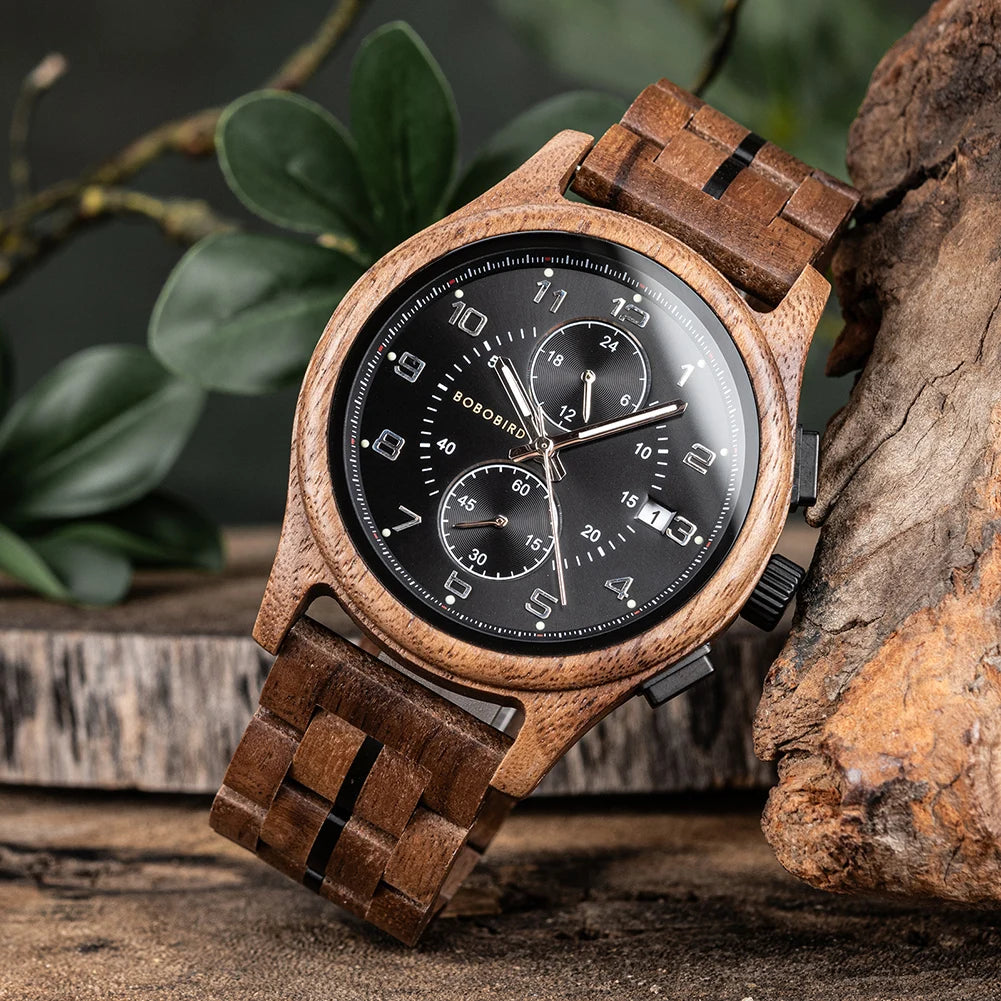 RBB Wooden Chronograph Watch for Men – Luminous Hands, Natural Wood Design, Anniversary Gift