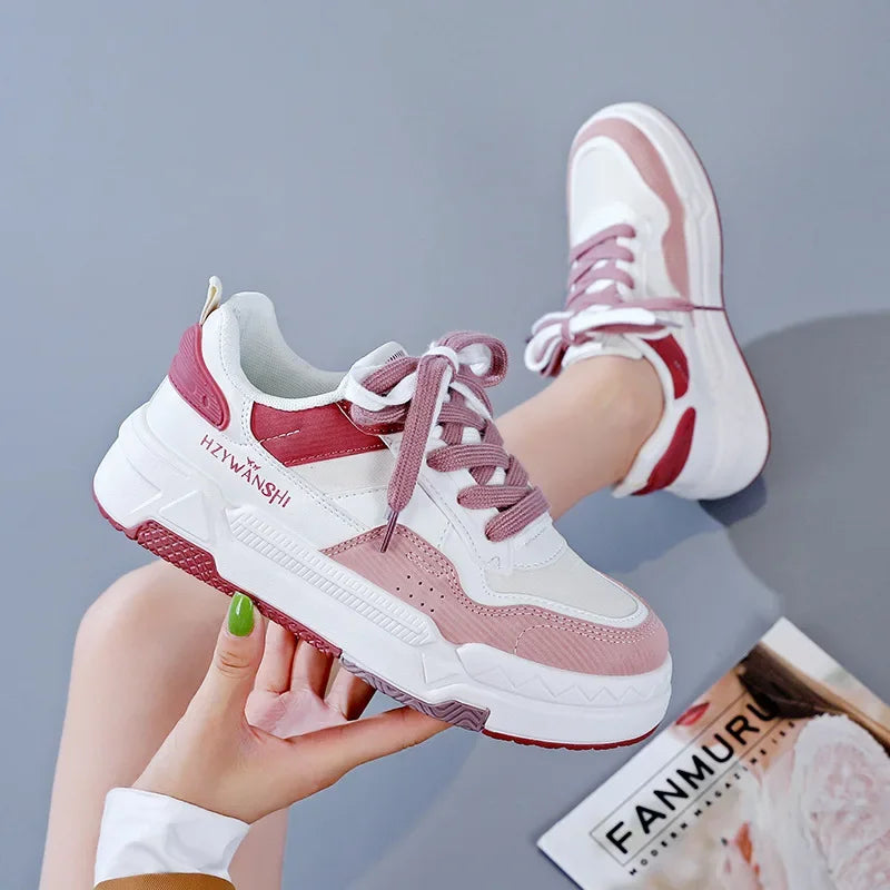 Women’s Platform Sneakers – Autumn 2025, White Breathable Non-Slip Lace-Up Casual Shoes