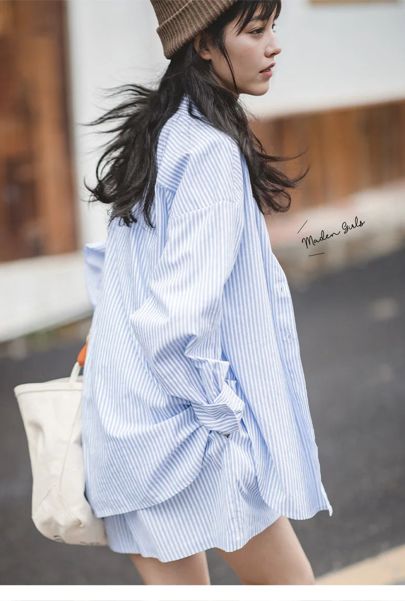 RBB Women's French Classic Striped Shirt – Oversized Long Sleeve Blouse