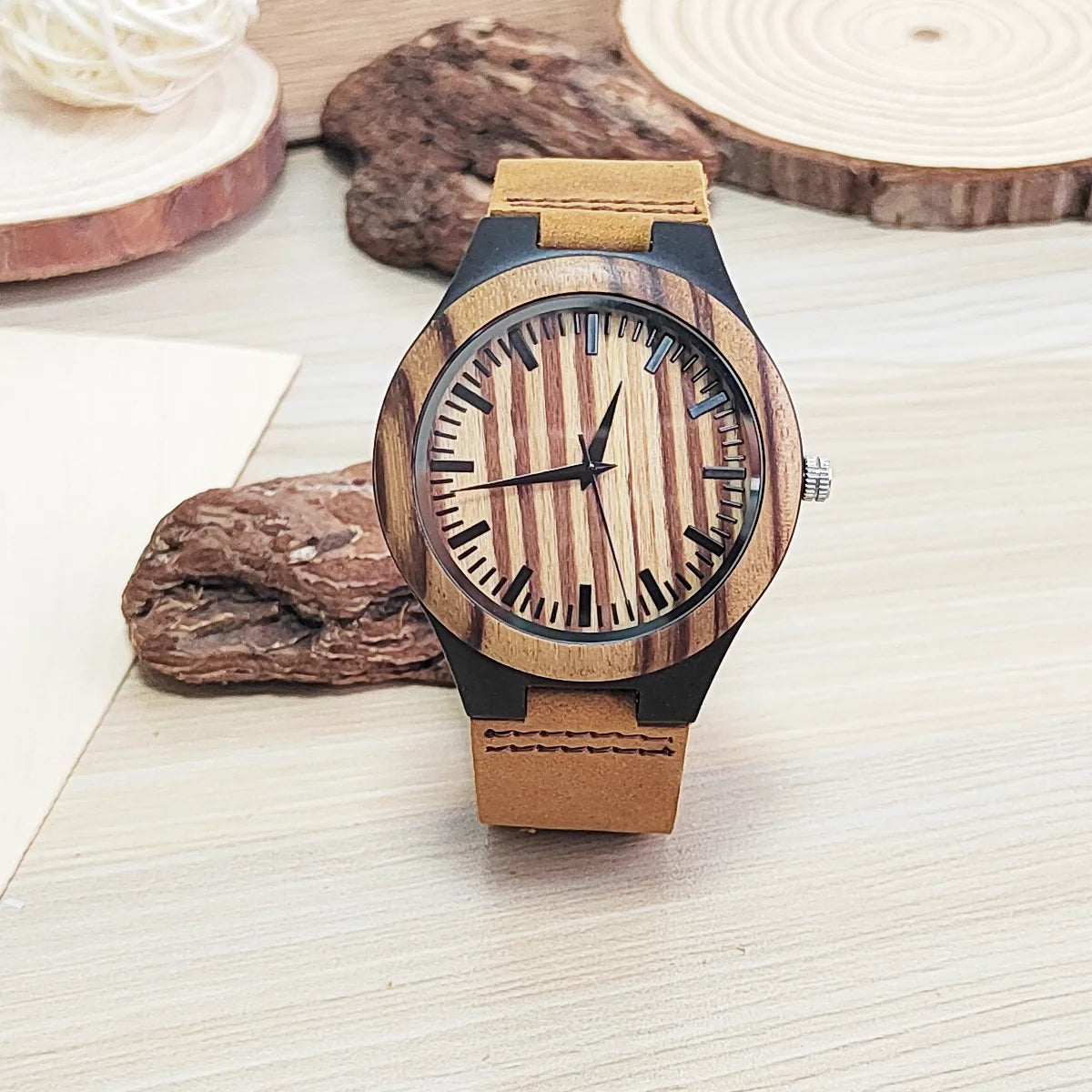 RBB Personalized Wooden Quartz Watch – Unisex Leather Strap, Custom Engraving, Gift-Ready