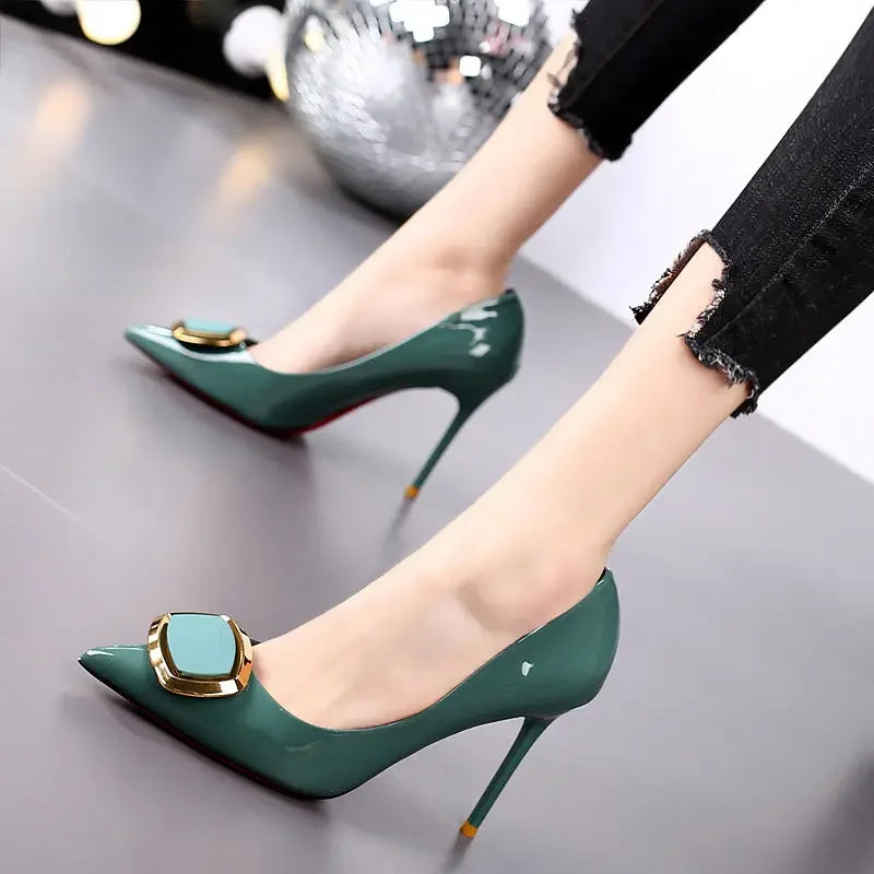 RBB Green Leather Women’s Pumps – Super High Heels (9cm+) | Korean Style Casual Fashion Shoes | Quick Delivery | Size 39