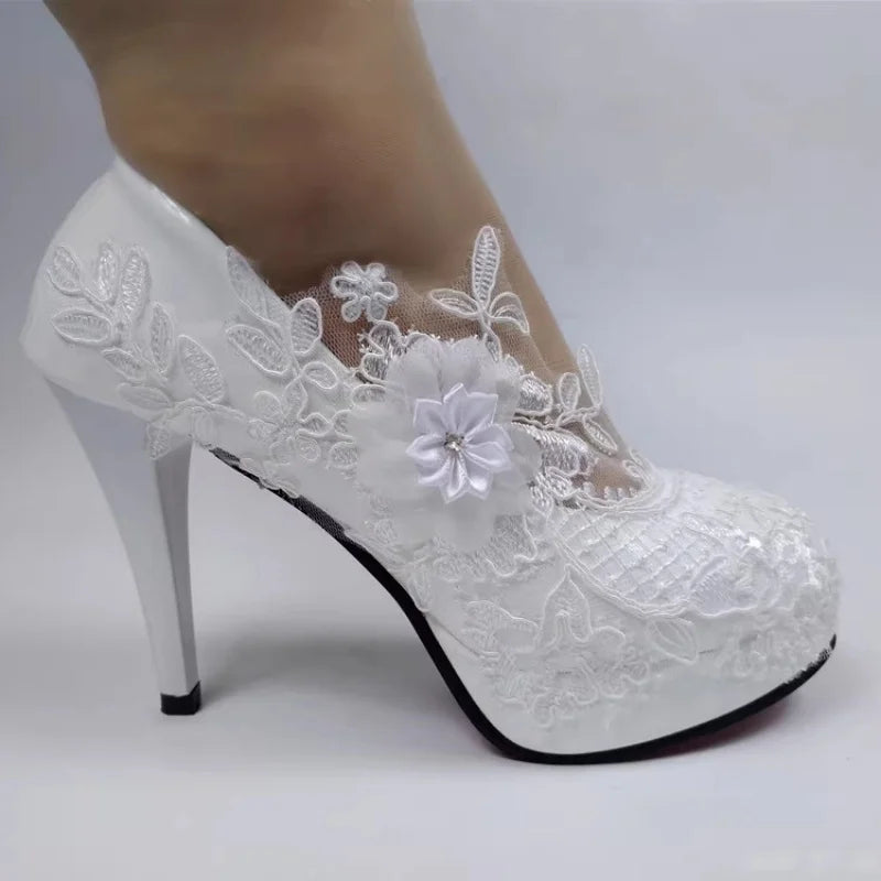 RBB Spring New Round-Toe Waterproof Platform Lace Rhinestone Low-Heel Wedding Shoes – Thin High-Heeled Dress Shoes