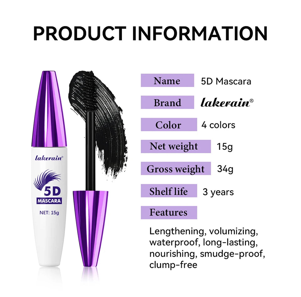 5D Waterproof Fiber Mascara – Thickening, Lengthening & Curling, Long-Lasting