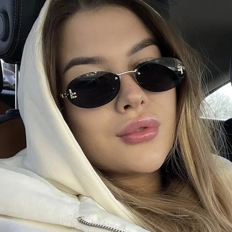 RBB Retro Oval Rimless Sunglasses – Unisex Elegant Diamond Style with Letter “F” Detailing