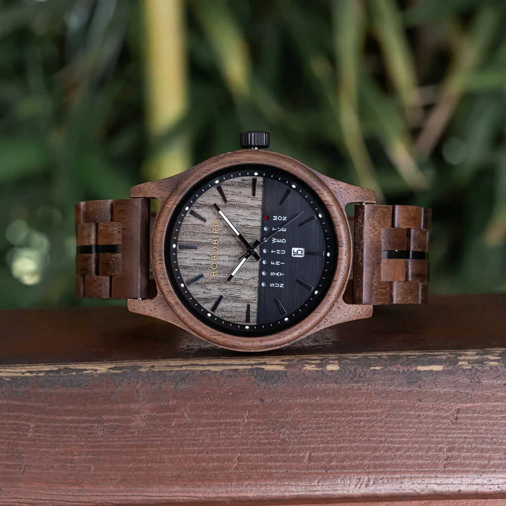 RBB Men's Wooden Quartz Watch – Unique Design with Week & Date Display