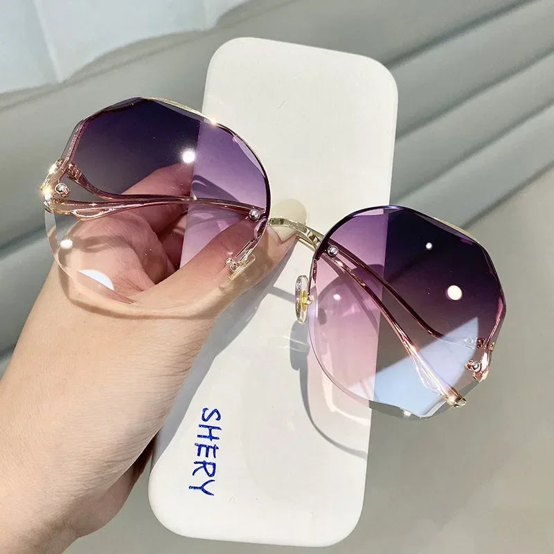 RBB Irregular Rimless Round Sunglasses for Women – Gradient Fashion Designer Shades
