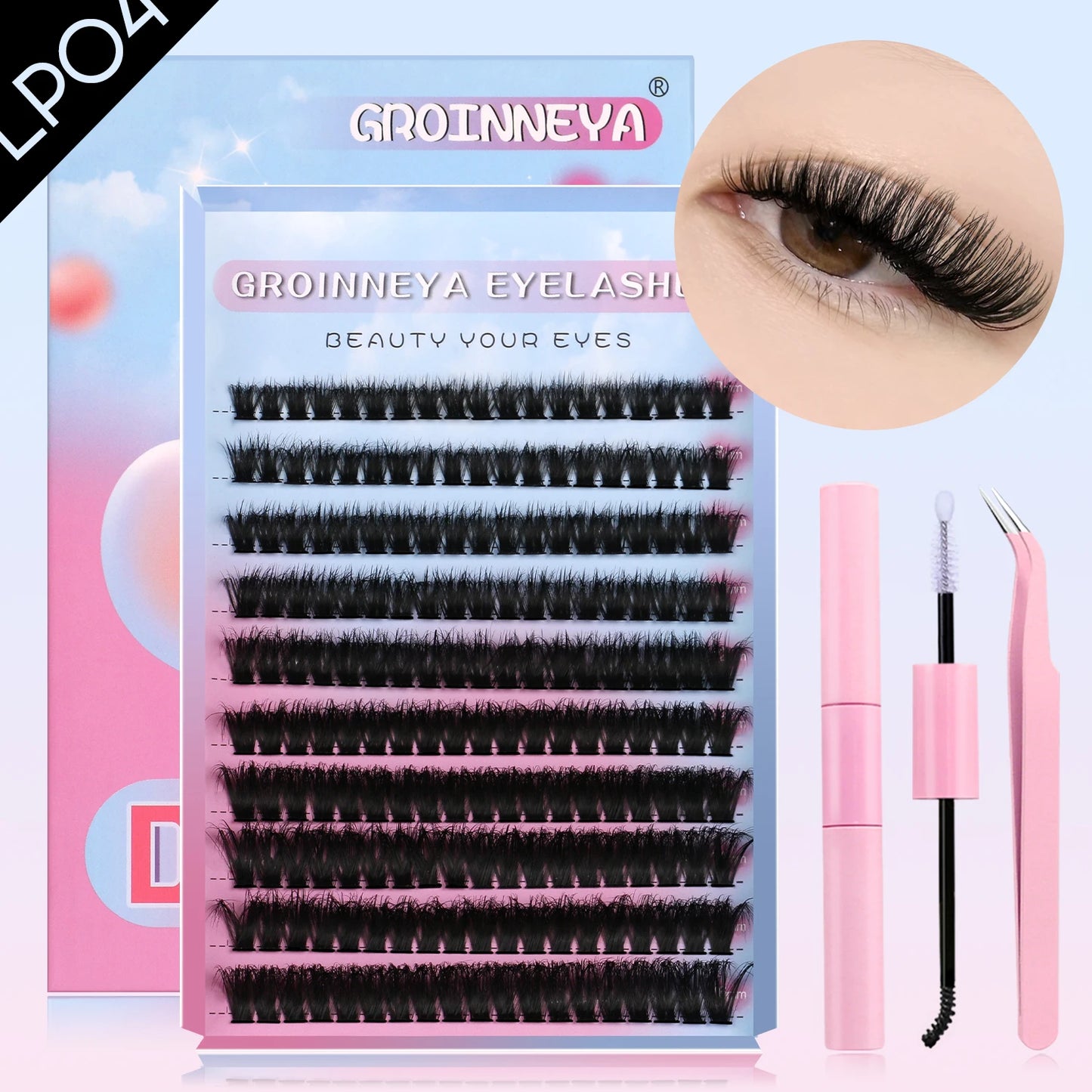 DIY Lash Clusters Set – Mixed Fluffy Individual Extensions with Lash Bond & Seal Kit