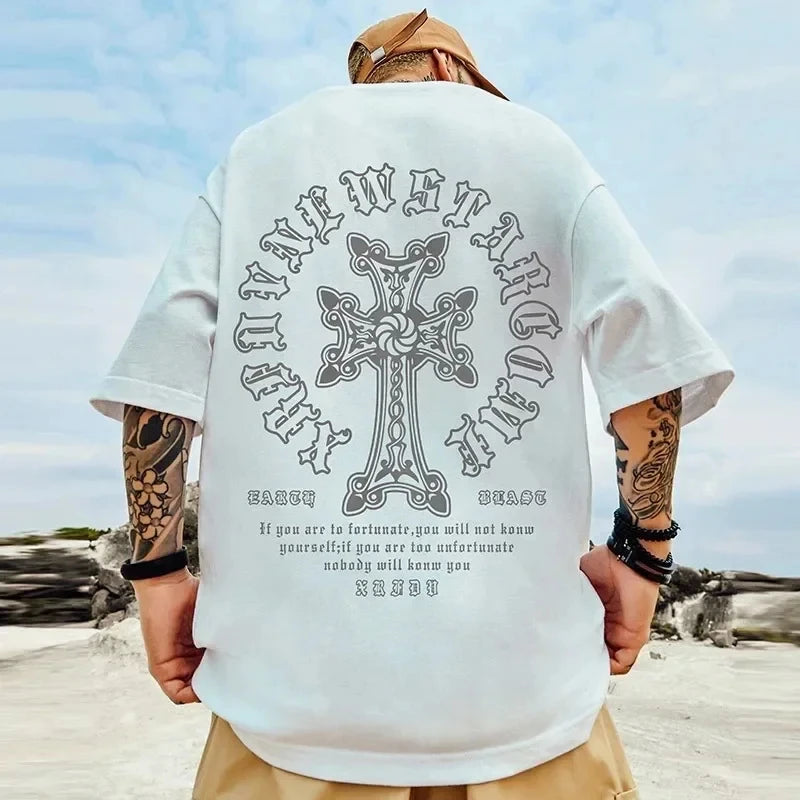 RBB Men's Large Size Cartoon Print Hip-Hop Streetwear Cotton Short Sleeve T-Shirt