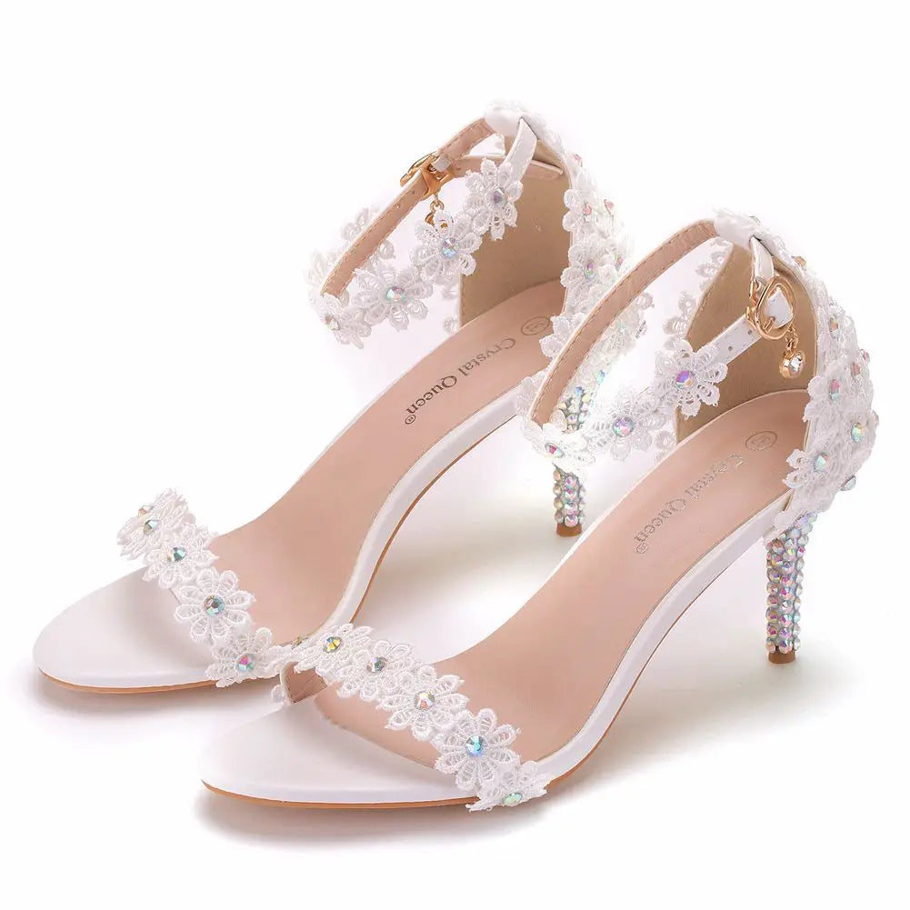 RBB Elegant White Crystal Lace High Heels – Bridal & Party Ankle Strap Sandals (5cm/7cm/9cm/11cm)