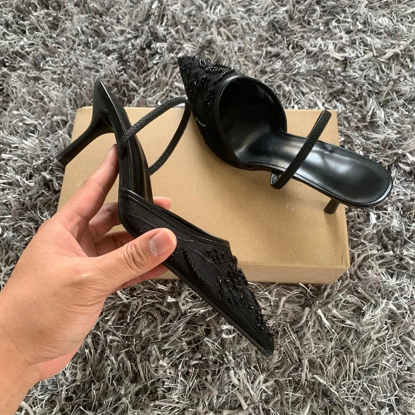 RBB Black Embroidered Mesh Slingback High Heels – Elegant Wedding & Party Pumps for Women