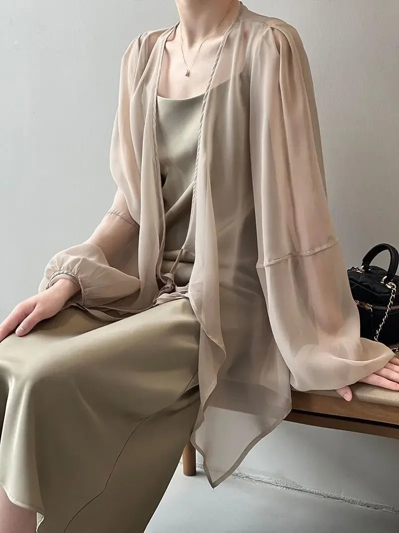 RBB Women's V-Neck Chiffon Shirt – Loose Fit Lace-Up Long Sleeve Summer Blouse