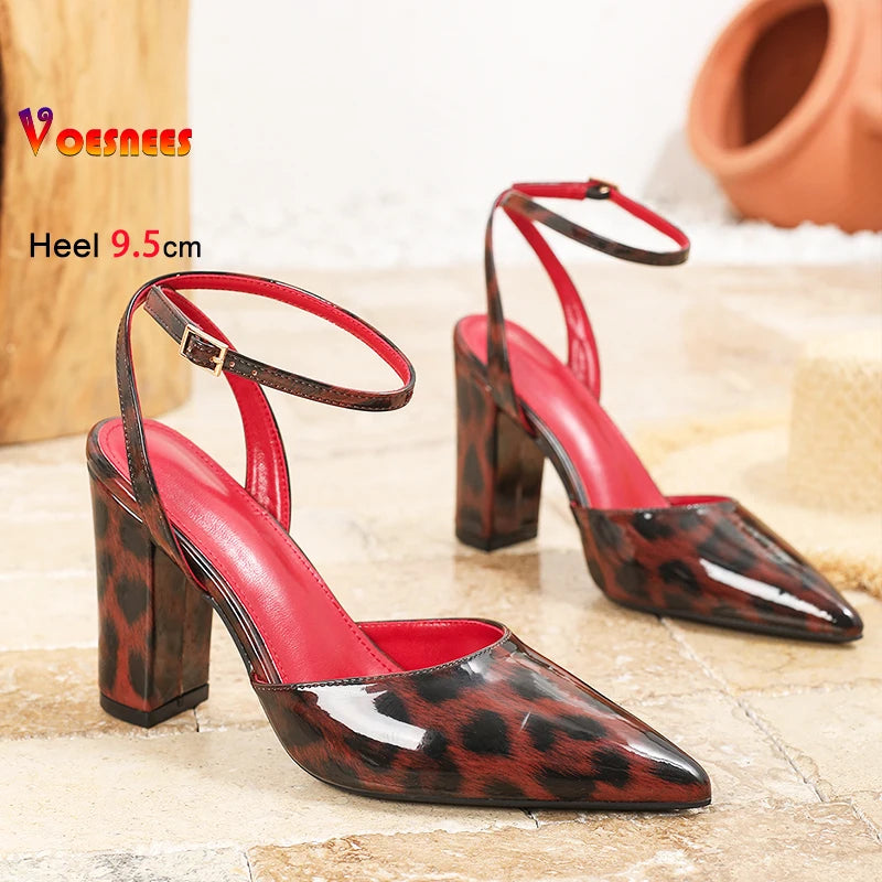 RBB 2025 Women’s Leopard Print Pumps – 9.5CM Thick High Heels | Shallow Pointed Toe | Plus Size Summer Fashion Shoes